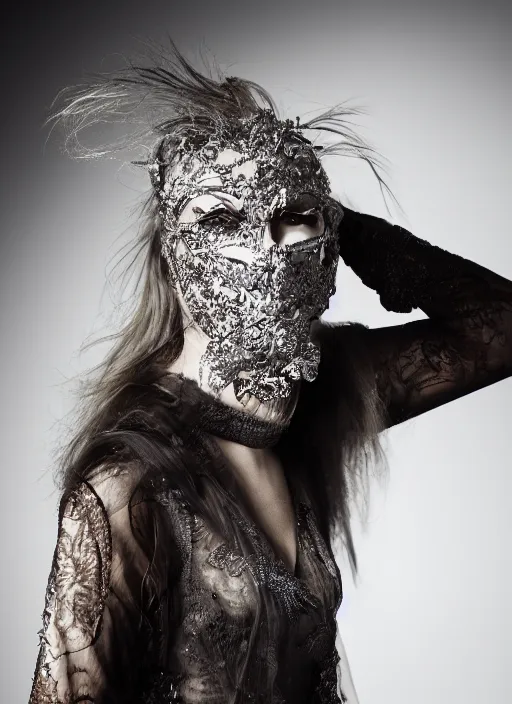 Image similar to a fashion portrait photograph of a woman wearing a high fashion mask art directed by Alexander McQueen, 35mm, pentax, studio lighting