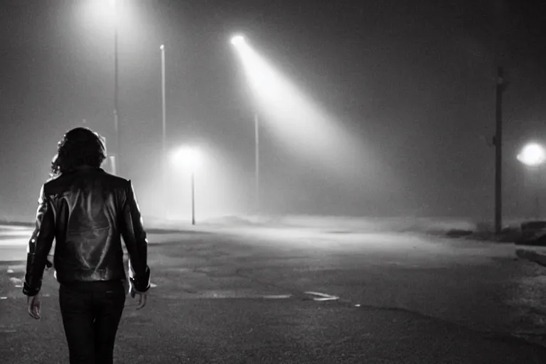 Image similar to movie shot of young man from back pacing lowering head dressed in short leather bomber jacket to empty narrow alley with street lamps in park with pines to the horizon, with hands in pockets, snowfall at night, mullet long haircut, black hairs, cinematic, dramatic, detailed, realistic, movie shot, low lighting