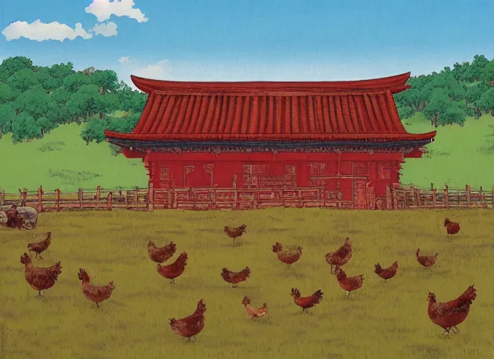 Prompt: big red and brown japanese fort in a meadow with chickens by studio ghibli painting