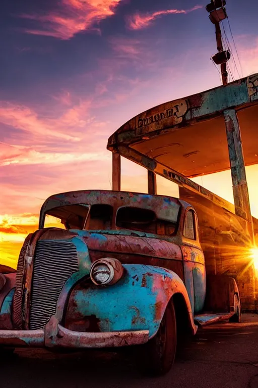 Image similar to a sunset light landscape with historical route 6 6, lots of sparkling details and sun ray ’ s, blinding backlight, smoke, volumetric lighting, colorful, octane, 3 5 mm, abandoned gas station, old rusty pickup - truck, beautiful epic colored reflections, very colorful heavenly, softlight