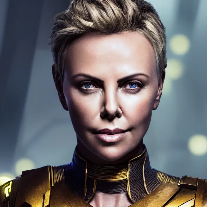 Image similar to portrait of (Charlize Theron), wearing The Infinity Gauntlet. intricate artwork. octane render, trending on artstation, very coherent symmetrical artwork. avengers. thanos. cinematic, hyper realism, high detail, octane render, 8k, iridescent accents