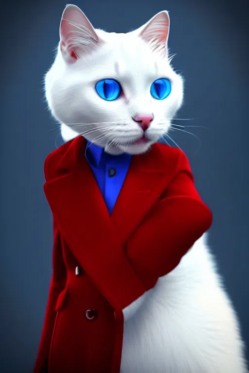 Image similar to a white cat with blue eyes wearing a red formal overcoat, hyperrealistic, concept art, octane render, unreal engine 5, realistic and defined face, profile picture, digital art, pixar and disney style, symmetrical, high quality, highly detailed, high coherence, path traced, house background, low contrast, beautiful, elegant clothes