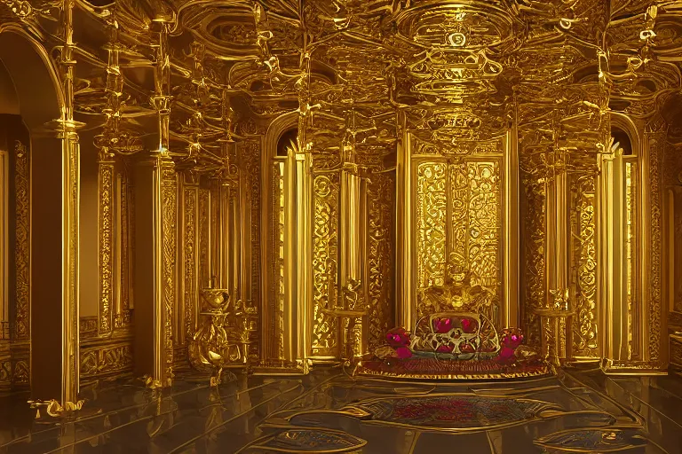 Image similar to Fantasy Asian inspired royal throne room with infinitely high ceilings, infinitely long corridors, gilded and bejeweled, natural lighting, digital painting, concept art by Shaddy Safadi