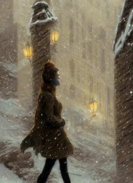 Prompt: back of emma stone in beige coat, walking into new york apartment building entrance in winter, close up of apartment entrance, snow, artwork by gaston bussiere, craig mullins, trending on artstation