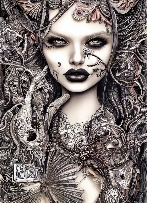 Image similar to portrait of a female model, vivid, intricate, highly detailed, smooth, digital illustration, the dark and quirky art of scott radke