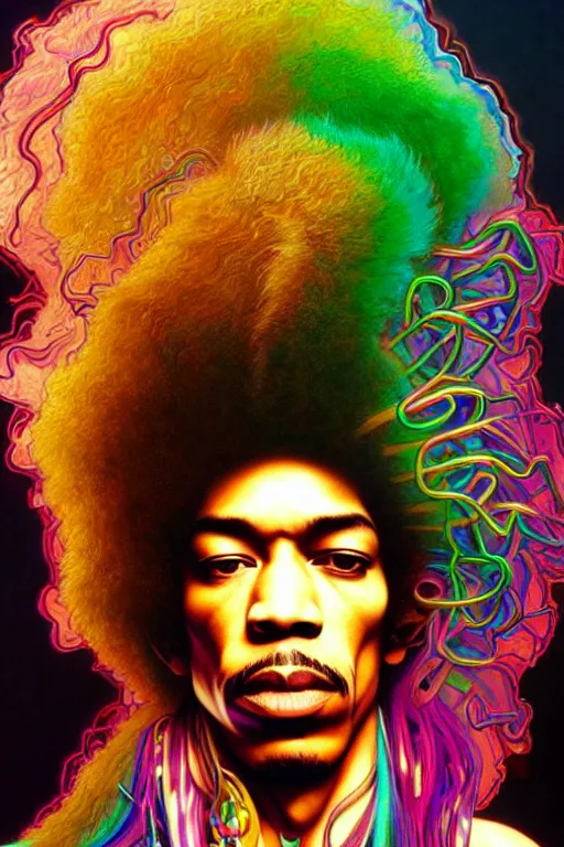 Prompt: A Weirdcore Mesmerizing 8k hyperrealistic portrait of cyberpunk Jimi Hendrix with electric neon hair strands, floating in spirals of iridescent mycelum, painted by Caravaggio, artgerm and raymond swanland and alphonse mucha
