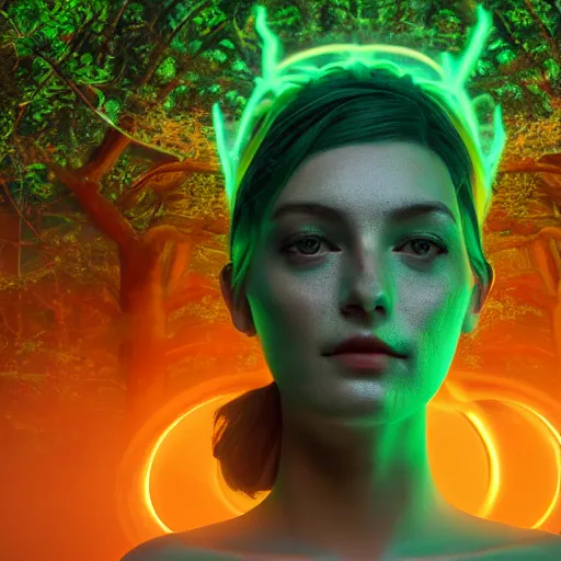 Prompt: tapping in to something greater, piles of modular synth cables, goddess portrait wearing a big headpiece in a mystical glowing forest in the style of wlop, stanley kubrick, masamune, unique perspective, eastman color, perfect details, trending on artstation, 3 d render, smooth render, green and blue palette, wlop