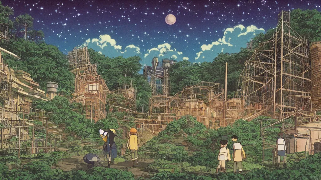 Image similar to a movie still from a studio ghibli film showing a huge industrial mining runoff storage facility and a pyramid under construction in the background, in the rainforest on a misty and starry night. by studio ghibli