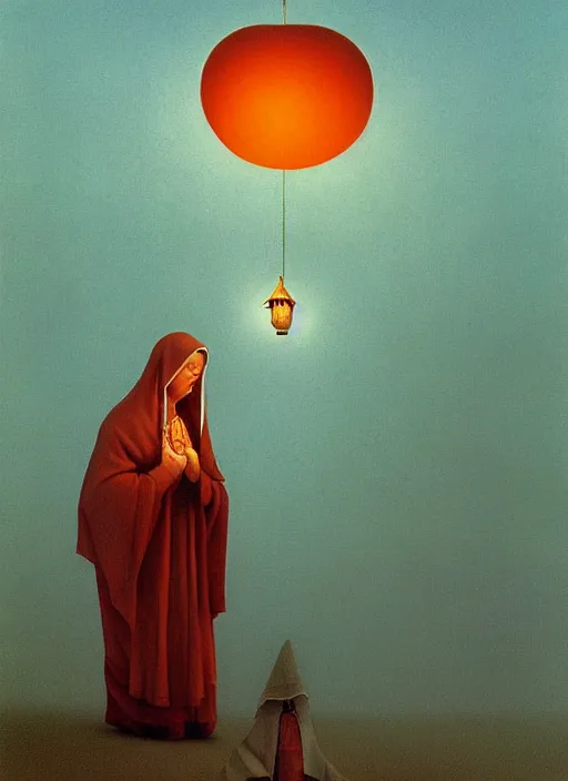 Image similar to A doorway into dunes shows a weeping nun in a flying lantern held aloft by the burning of Aaron\'s Rod Edward Hopper and James Gilleard, Zdzislaw Beksinski, Mark Ryden highly detailed