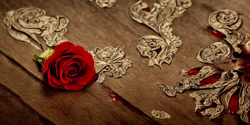 Prompt: a single red rose is on a wooden table with delicate carved filigree and drops of blood, close up view, dramatic lighting, DOF, art nouveau, intricate artwork by Raymond Swanland and Ruan Jia and Greg Rutkowski