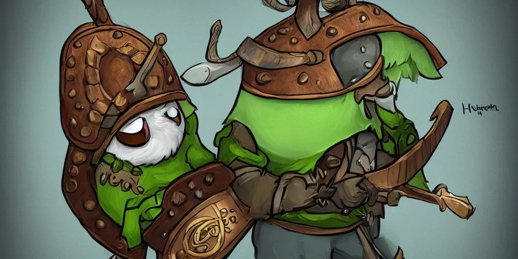 Prompt: An award winning cartoon of an anthropomorphic owl wearing a viking helmet and a green shirt with a shield on the side. Artstation Commission.