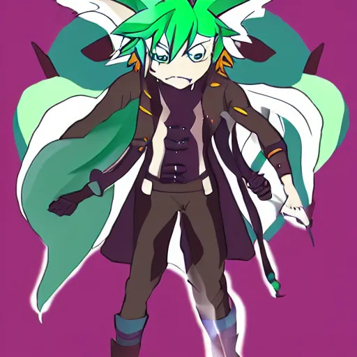 Prompt: anthropomorphic anime hero with wolf ears and a wolf tail, and green streaks in his hair. in the style of demon slayer