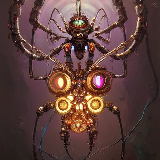 Image similar to portrait biomechanical spider king, cyberpunk, bionics, augments, lights, cables, elegant gleaming intricate baroque jewellery, colorful, vivid, imposing, epic, digital painting, artstation, concept art, by peter mohrbacher and wlop and rhads,