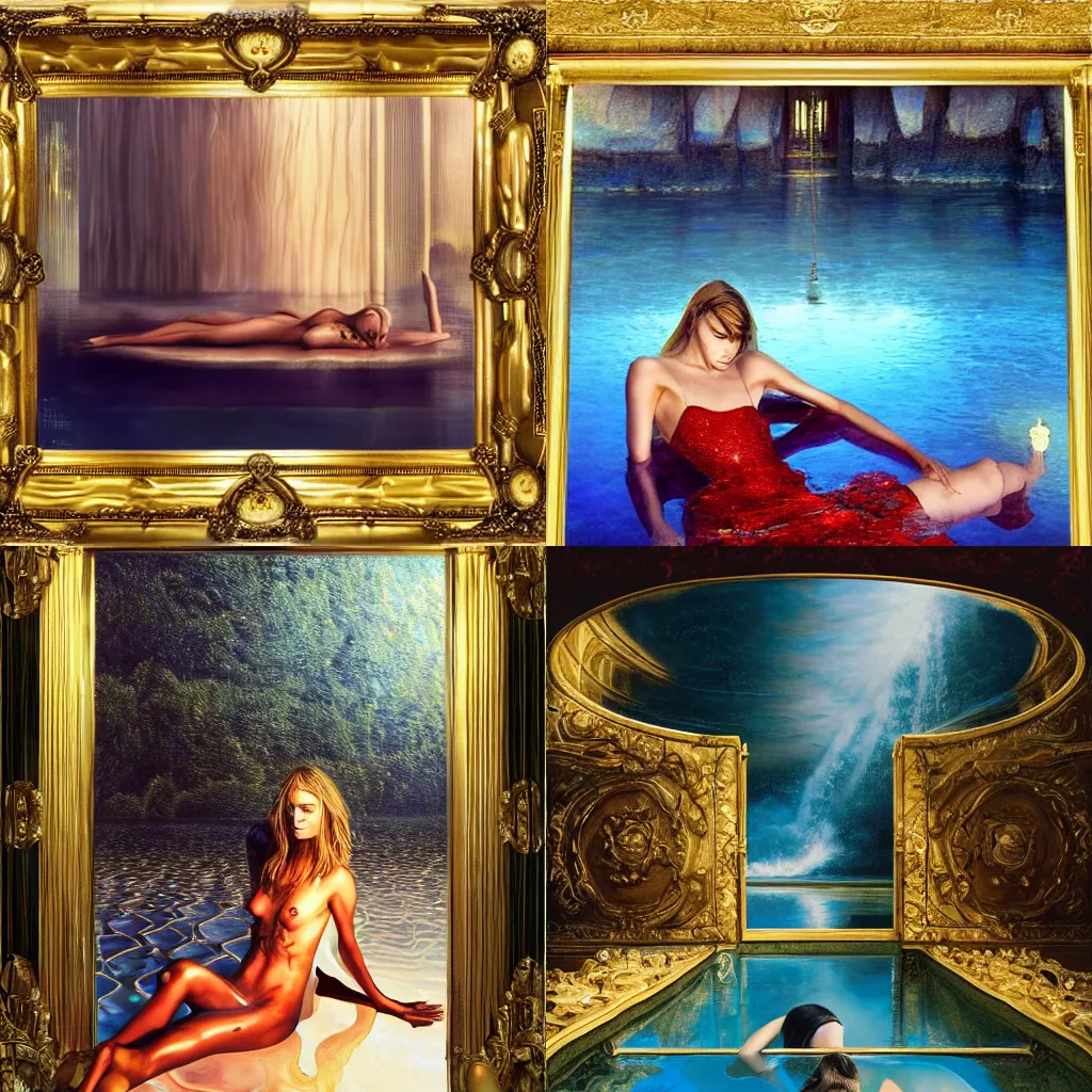 Prompt: Cara Delevigne full body laying in a blood real pool of water between a golden mirror frame, outside is space and inside the mirror frame is a beautiful landscape. Hyperrealistic surreal 4K IMAX Rene Margritte intricate, elegant, highly detailed, digital painting, artstation, concept art, smooth, sharp focus, illustration, art by artgerm and greg rutkowski and alphonse mucha 4K IMAX hyperrealistic