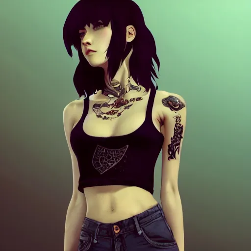 Image similar to torso shot of a beautiful punkrock woman in crop top, art by saruei and guweiz and ilya kuvshinov, digital art, highly detailed, intricate, sharp focus, trending on artstation hq, deviantart, pinterest, unreal engine 5, 4 k uhd image