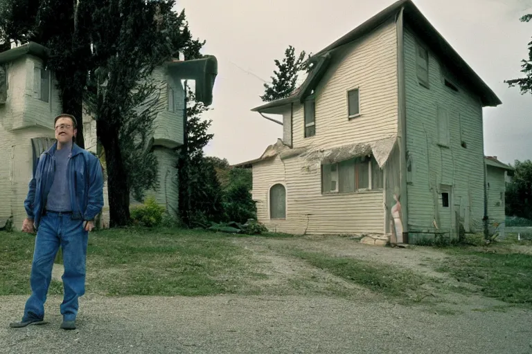 Prompt: cinematic film still from 1994 film: Farkas Bulkmeier standing near a house. XF IQ4, f/1.4, ISO 200, 1/160s, 8K, RAW, dramatic lighting, symmetrical balance, in-frame