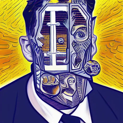 Image similar to portrait of elon musk, caricature,, mashup between mc escher and vincent van gogh