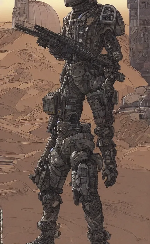 Prompt: a cyberpunk soldier with tactical gear and a rifle patrols a Japanese city on mars, Industrial Scifi, detailed illustration, character portrait, by Martin Grip and Moebius