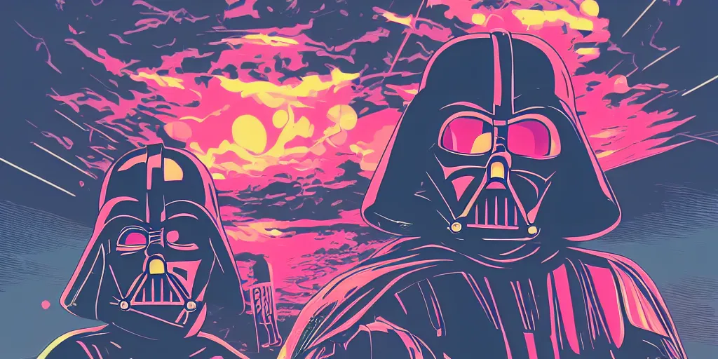 Prompt: darth vader snowboarding, vaporwave, vector graphics, synthwave, neon