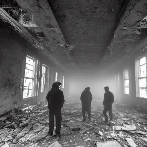 Image similar to flash photograph of an abandoned rundown soviet town with dense fog and men wearing gas masks