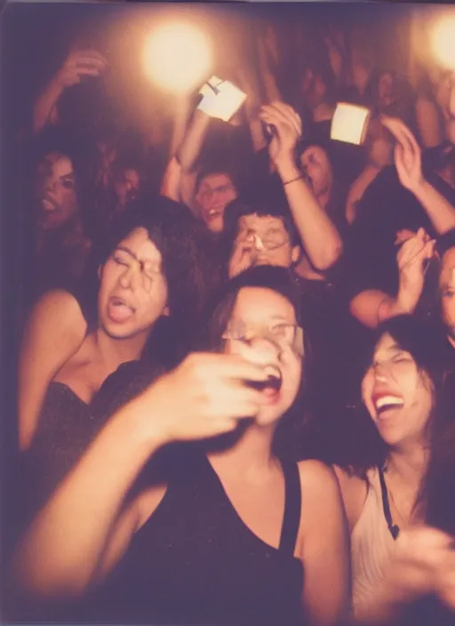 Image similar to photograph of people partying, flash polaroid, golden hour