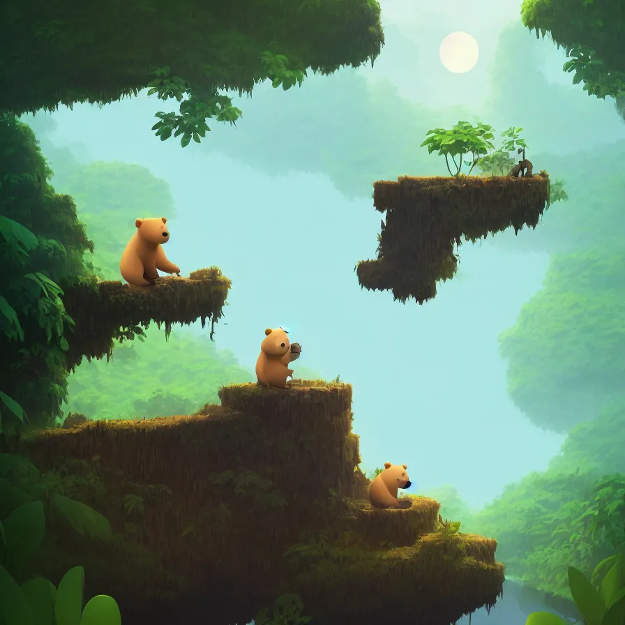 Image similar to A single bear atop a loose log navigating a deep blue river through the jungle, jungle, art by Goro Fujita, ilustration, concept art, sharp focus, ArtStation, Deviantart