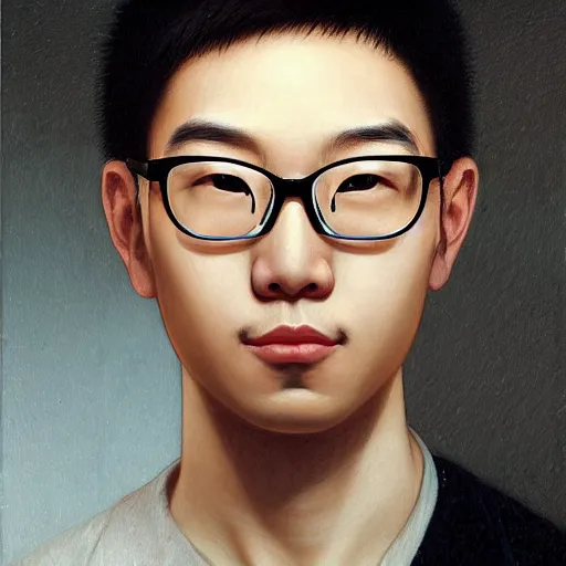 Prompt: portrait of byron li, skinny asian nerd with glasses, intricate, detailed, symmetric face, by wlop and karol bak and bouguereau, adam hughes