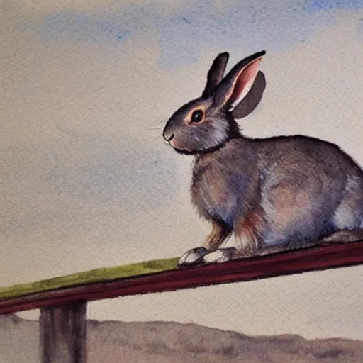 Image similar to a rabbit standing on a bridge, fishing, realistic watercolour