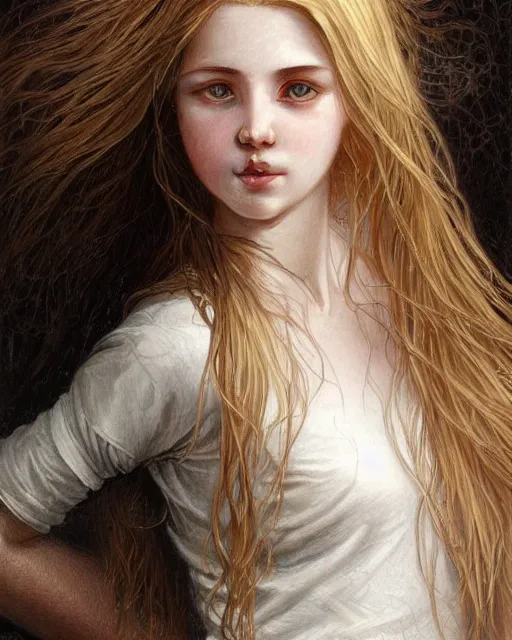 Image similar to portrait of 1 6 - year - old woman with dirty blonde hair down to her waist, pale eyebrows and protuberant silver eyes, wearing white shirt, hyper realistic face, beautiful eyes, fantasy art, in the style of greg rutkowski, intricate, alphonse mucha, hyper detailed, smooth