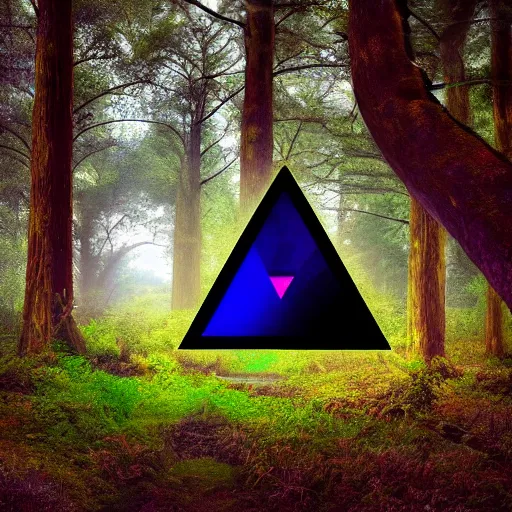 Prompt: a portal in the forest in the shape of a triangle that leads to a psychedelic vapor wave alternate universe, 8k, trees, path