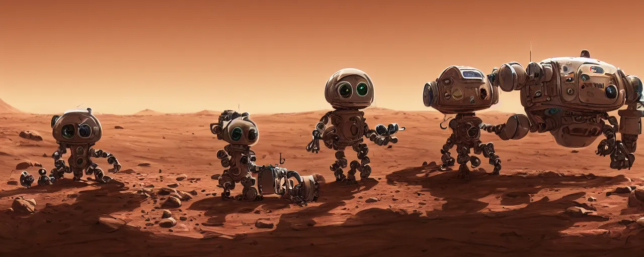 Prompt: cute robots working on mars, trending on artstation, 8K, ultra wide angle, pincushion lens effect