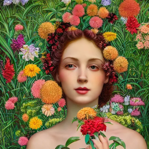 Image similar to a 3 d realistic image of a stunning women surrounded by lush flowers looking at the mark ryden camera, impressionism, art nouveau, pop 3 d 8 k ultra detailed