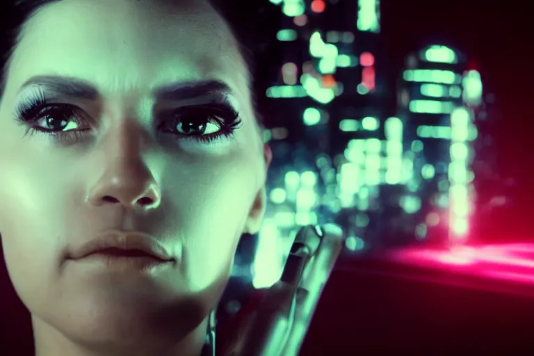 Image similar to cinematography closeup portrait of a gorgeous cyborg business woman in a cyberpunk apartment, neon lighting, night, by Emmanuel Lubezki