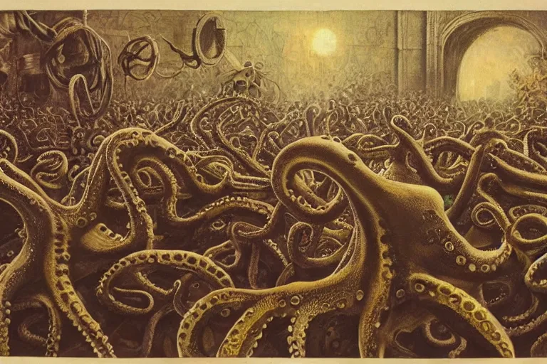 Prompt: there's an octopus in the moshpit, massurrealism, matte drawing, american realism, dystopian art, academic art