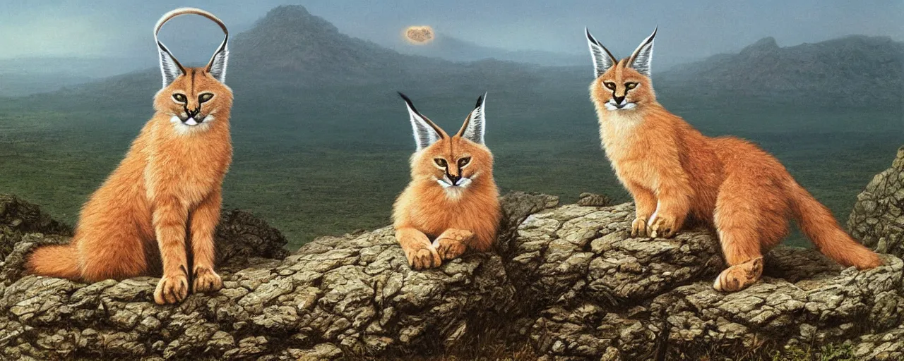 Image similar to a cute fluffy caracal on a high hill landscape with a circle of four large stones like fingers on the top, by ted nasmith