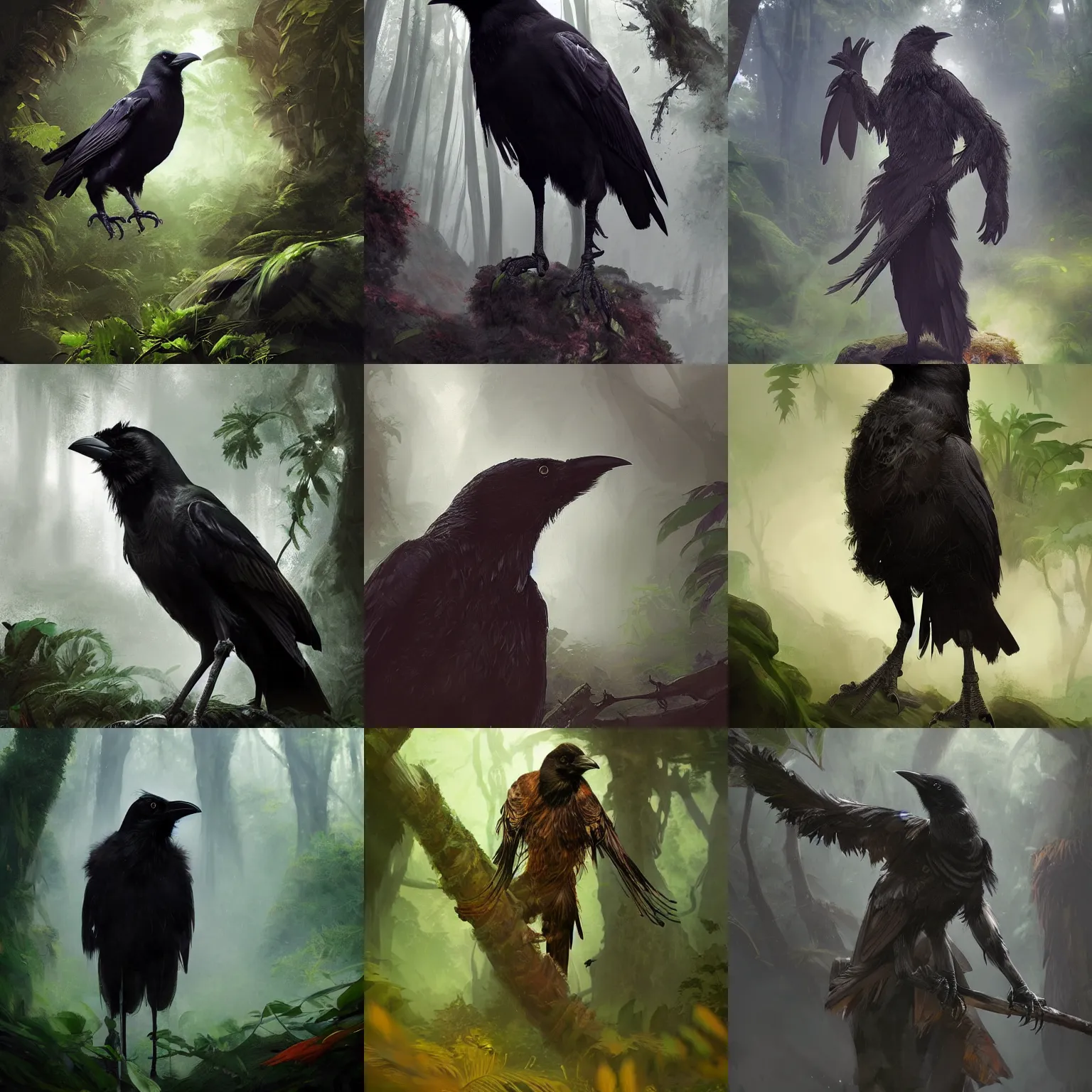 Prompt: character concept portrait of a crow with human features, wearing druid vest, casting a conjuration spell in the nature of a jungle, digital painting, photoillustration, by ruan jia