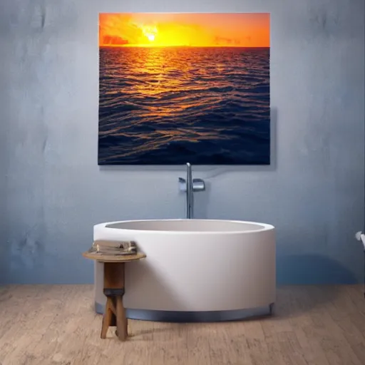 Prompt: a bathroom stall floating in the middle of the ocean, sunset, beautiful, ultra realistic digital art, 4k, cgsociety, HDR, Intricate