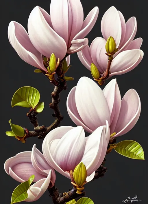 Image similar to perfectly detailed magnolia flowers!! blessed by nature with ever - increasing physical mental perfection, symmetrical! intricate, sensual features, highly detailed, biblical divine holy perfection!! digital painting, artstation, concept art, smooth, sharp focus, illustration, art by artgerm and greg rutkowski and alphonse mucha