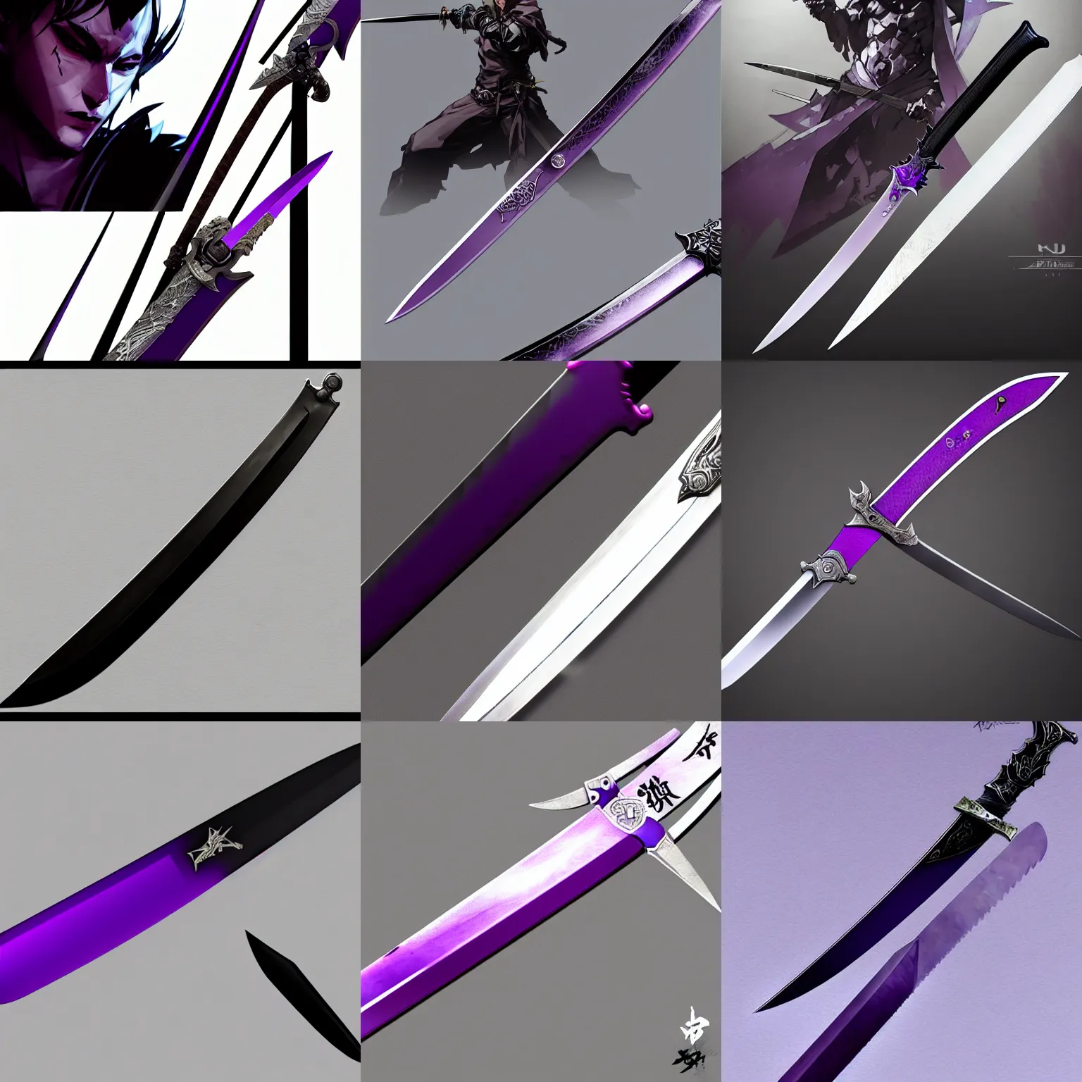 Prompt: legendary serrated straight sword with purple blade and black handle. in style of yoji shinkawa and hyung - tae kim, trending on artstation, dark fantasy, great composition, concept art, highly detailed, dynamic pose.