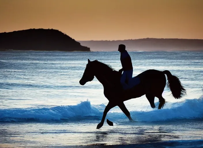 Prompt: a horse surfing at the beach before sunset in malibu, high quality photo