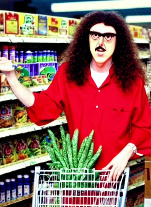 Prompt: weird al yankovic in a grocery store circa 1 9 9 7, ultra realistic