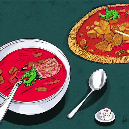 Image similar to Dragon eating russian borsch soup on the Red Square, digital art