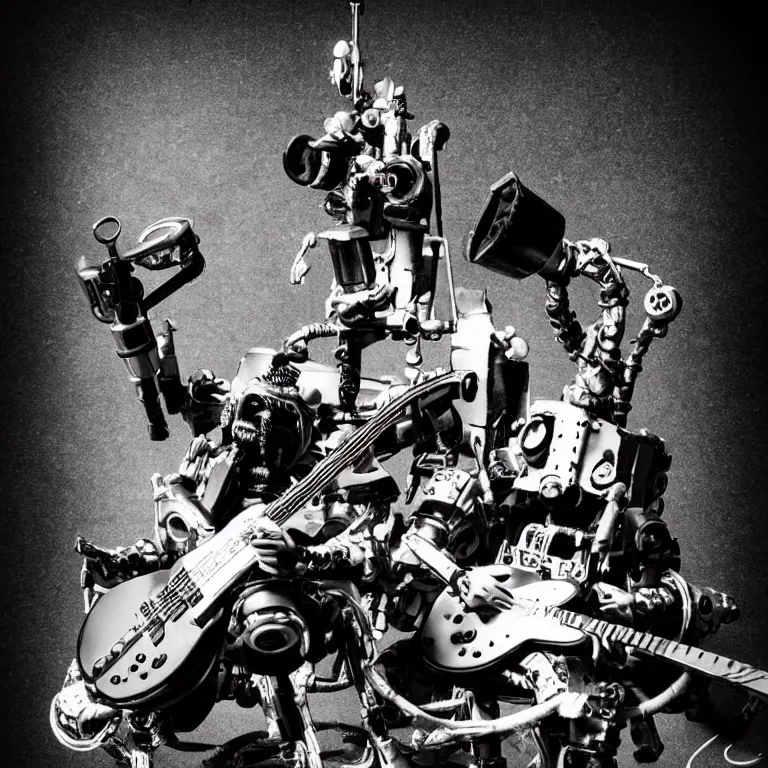 Prompt: a beautiful electronic concert photo shot of a couple of threea toys figurines by ashley wood, world war one robot octopus playing drums and fender telecaster guitar, black background, concert light, dark mood