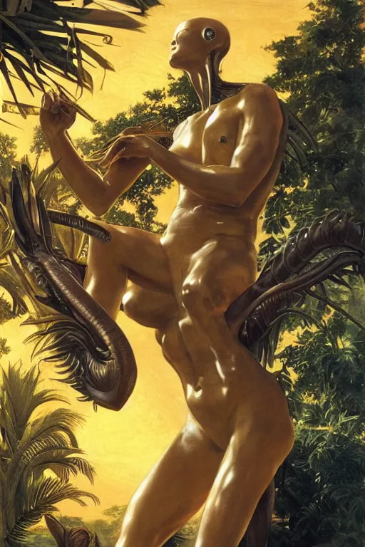 Image similar to Alien, golden hour, next to a tropical pool, artstation, by J. C. Leyendecker and Peter Paul Rubens, - 12p