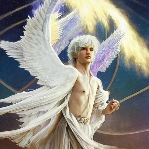 Prompt: harmony of white haired angel yoongi wearing greek clothes, muted colors, sparkles everywhere, big wings, dynamic hair movement, dynamic pose, holographic space, glowing effect, j. c leyendecker, by alan lee, wlop! illustrated by starember, fantasy art by craig mullins