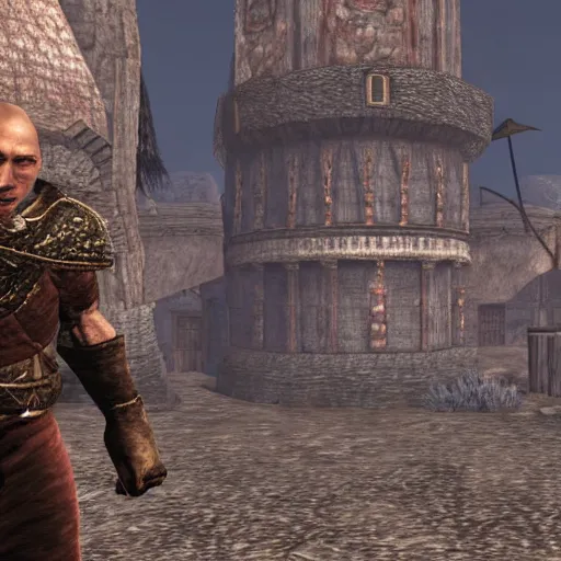 Image similar to attacking screenshot of george st. pierre in morrowind, imperial armor, pc graphics, npc talking, wilderness, 7 2 0 p, elder scrolls iii, detailed, dialog text