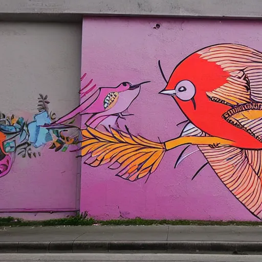 Prompt: a huge mural in pink and orange, showing birds and fish, urban Street art - n 3