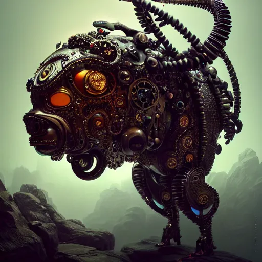 Image similar to cyborg animal : by michal karcz, daniel merriam, victo ngai and guillermo del toro : ornate, dynamic, particulate, intricate, elegant, highly detailed, centered, artstation, smooth, sharp focus, octane render