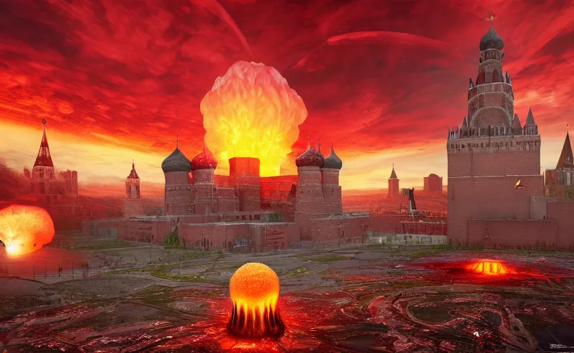 Prompt: ultra realistic picture of a big nuclear explosion with realistic nuclear mushroom in Red Square Kremlin, dramatic lighting, cinematic, extremely high detail, photo realistic, cinematic lighting, post processed, concept art, artstation, matte painting, unreal engine 8k