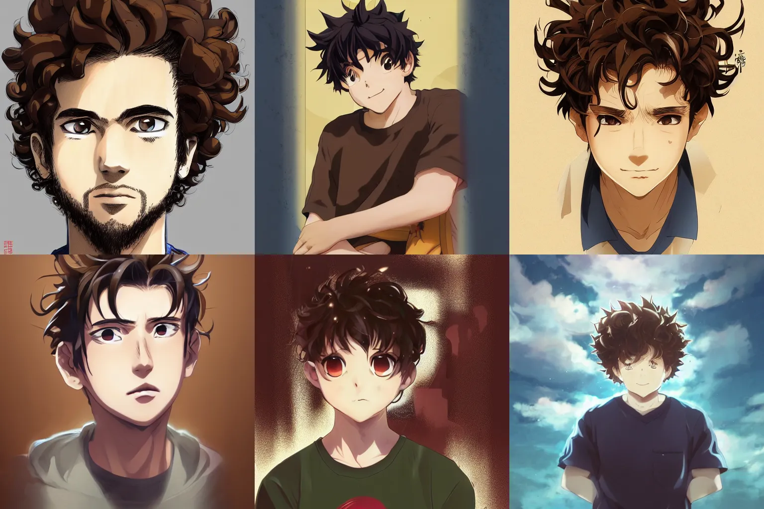 Prompt: An anime portrait of a mid-sized anime man with very short curly brown hair, chubby face, brown eyes, short brown facial hair, no glasses, wearing a t-shirt, his whole head fits in the frame, by Stanley Artgerm Lau, WLOP, Rossdraws, James Jean, Andrei Riabovitchev, Marc Simonetti, and Sakimi chan, trending on artstation